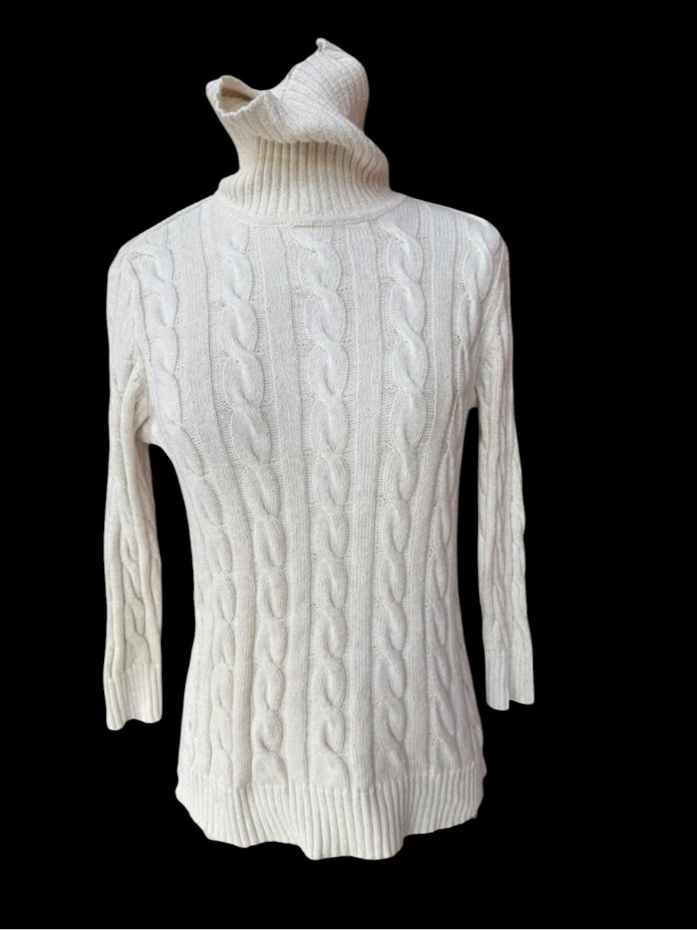 Late 90s/Y2K Studio Works 94% Cotton Cream w/Gold Metallic Thread Cable-Knit Tur - Picture 1 of 6